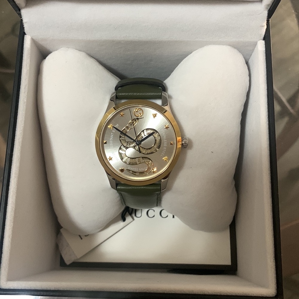 Gucci king snake leather strap stainless steel watch